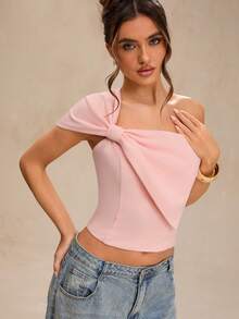 SHEIN BAE Áo kiểu nữ màu hồng thắt nơ vai, thích hợp cho mùa cưới. - Hồng - Xem 1