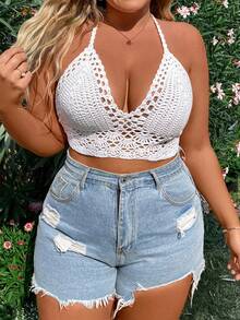 Flirla Áo khoác ngoài đi biển đan móc tay cỡ lớn dành cho nữ, có dây buộc cổ. - trắng - Xem 1