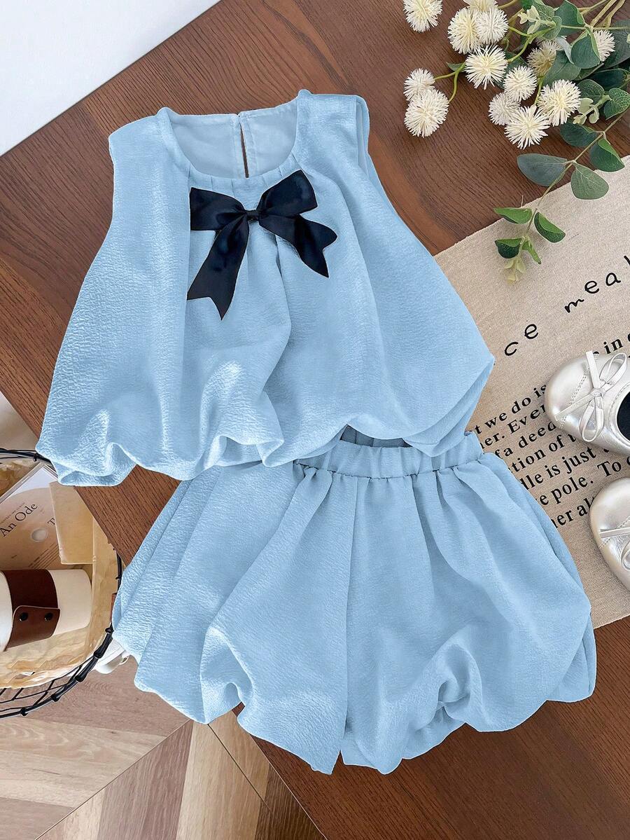 Genkimix Kids 2pcs Young Girl Bow Decor Casual Sleeveless Top + Solid Color Casual Shorts Set - Blue - View 1