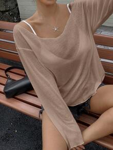 DAZY 女士宽松深V领长袖透视休闲上衣，都市街头风夏季T恤 - 卡其色 - 查看 5