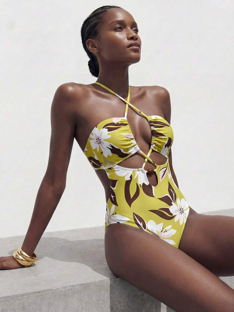 SHEIN Maija Women's Summer Vacation Beach Floral Print Criss-Cross Halter One-Piece Swimsuit Vacation Bathing Suits Oasis Swimwear Swimsuit Woman Flower Bathing Suit One Piece Swimsuit For Women Beach Outfit For Women Swimwear Floral Swimsuits Women's Swimsuits