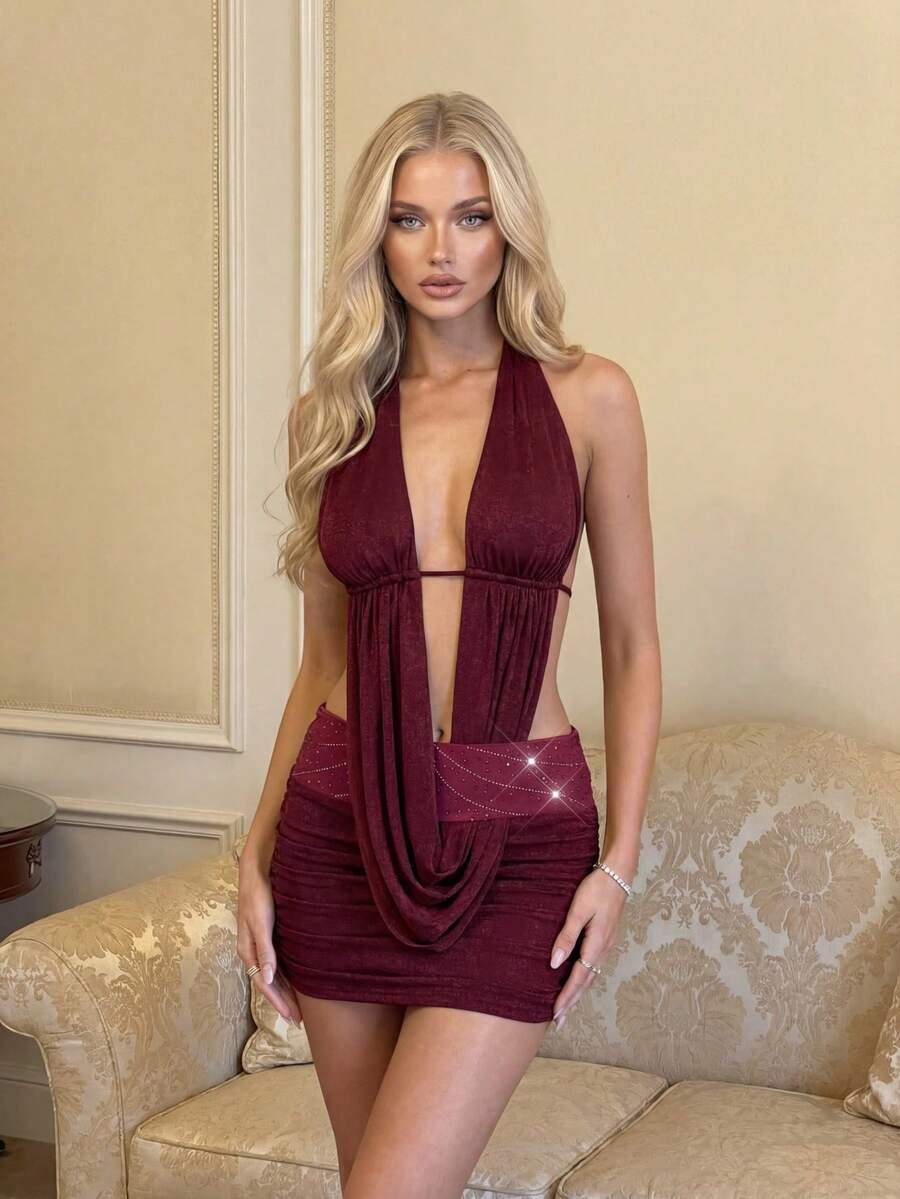 Vowa Elegant, Romantic, Fashionable, Sexy Wine Red Lace Fishbone Decor Music Festival Dress, Suitable For Party, Vacation, Nightclub