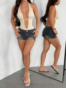 Flirla 黑色深V领露背系带连体衣，超弹柔软，舒适休闲，适合海滩、度假、日常穿着，夏季女性必备 - 杏色 - 查看 6