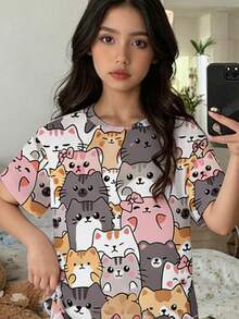 SHEIN Bộ đồ ngủ ngắn tay cổ tròn họa tiết hoạt hình mèo tối giản dành cho bé gái tuổi teen, phù hợp cho mùa hè - Nhiều màu - Xem 4