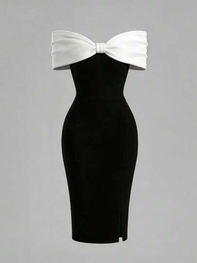 Endroma Women's Elegant Contrast Color Bow Off-Shoulder Dress Black Dress Classy Elegant Black White Dress Bustier DressSpring And Summer Resort Wear, Valentine's Day, Carnival, Carnival Women's Clothing, Wedding, Birthday, Birthday Dress, Outing Activities, Elegant Style, Resort Wear, Casual Style, Pattern, Graduation Season Clothing, Fashionable Casual Commuting Wear, Business Office Wear, Versatile Fashionable Daily Casual Wear, Urban Teacher Professional Wear, Spring Clothing, Summer Clothing, Strap