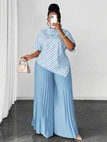 Maweii 不对称下摆数码印花衬衫+松紧腰褶皱阔腿裤两件套，适合春、夏、秋、冬四季穿着，也适合万圣节、感恩节、圣诞节等节日场合，优雅时尚，通勤和约会皆宜。 - 淺藍色 - 查看 4