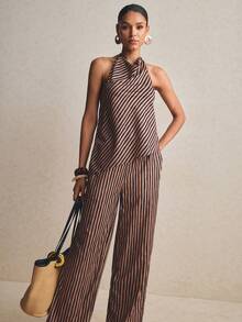 Poéselle Bộ đồ 2 món dành cho nữ: Áo hai dây vạt lệch và quần, kẻ sọc. - Cà phê nâu - Xem 7