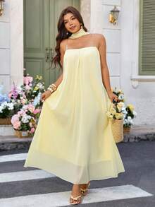 Breezaya 女士优雅无肩带缎带装饰轻盈性感长裙，黄色 - 黃色 - 查看 1