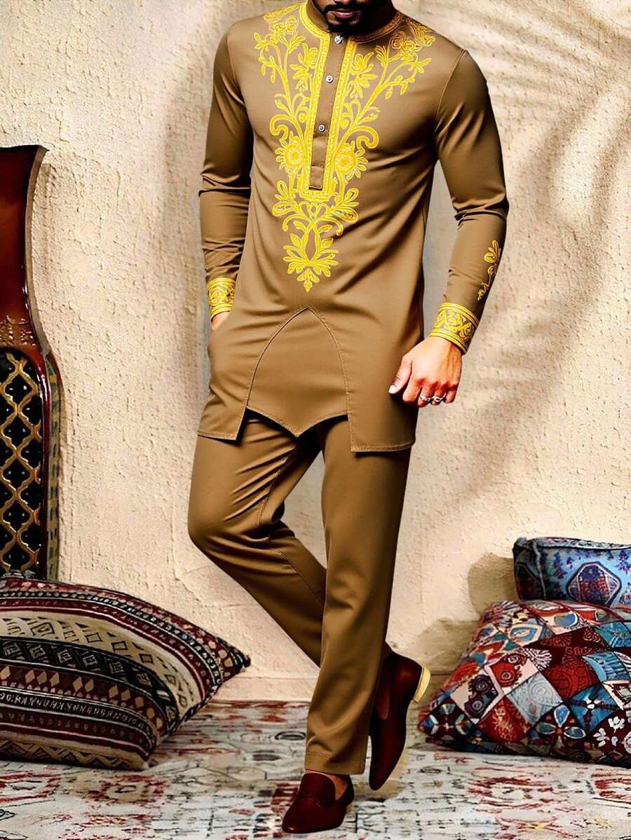 Genlund Bộ áo sơ mi nam cổ tròn tay raglan dài tay kiểu vintage - Cà phê nâu - Xem 1