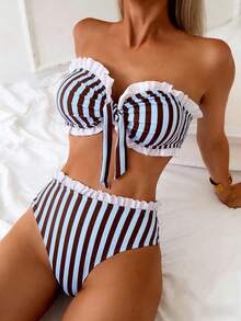 SHEIN Swim Spring/Summer Beach Vacation Striped Print 2 Pieces Set, Ruched Neckline & Hem, Ruffled Waistband - Multicolor - View 3