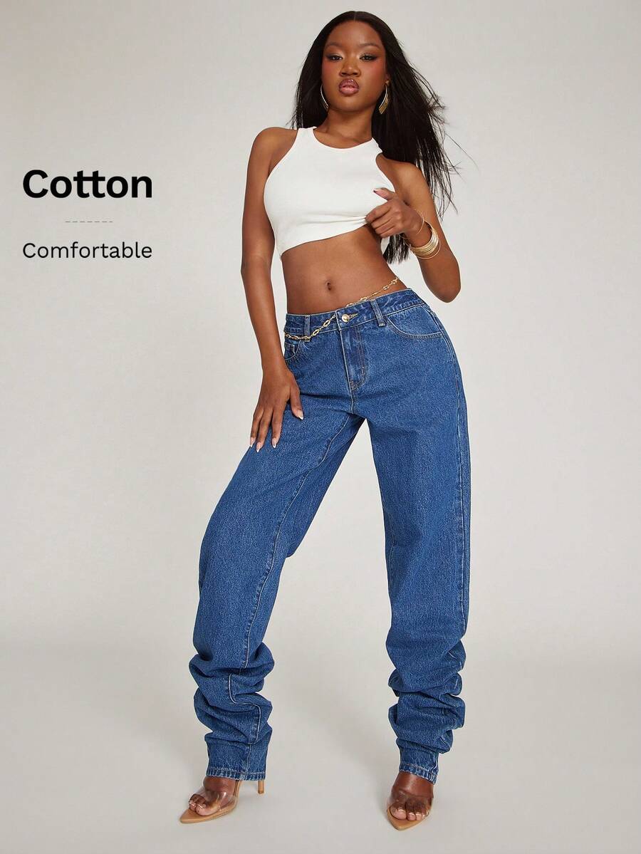 NYA SZN Denim Mid Rise Dark Wash Denim Jeans Stacked Casual Everyday Classy Modest Western Country Streetwear Trousers Spring Summer Outfits For Women - Medium Wash - View 1