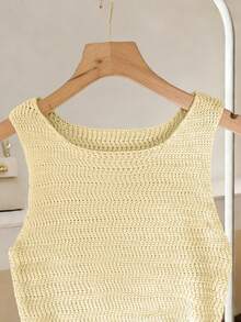 Franclia Đầm ngắn dệt kim không tay cổ tròn dáng suông dành cho nữ, màu be, thích hợp cho mùa xuân và mùa hè. - Vàng nhạt - Xem 5