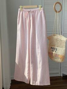 Comfortcana Women's Belted Plaid Wide Leg Loose Casual Pants - Pink - View 4