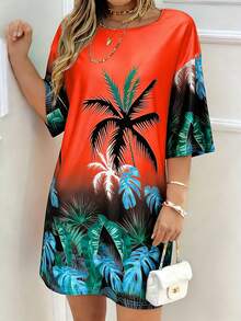 Breezaya 女士夏季海滩度假风印花短袖宽松迷你连衣裙度假海滩套装 - 紅色 - 查看 2