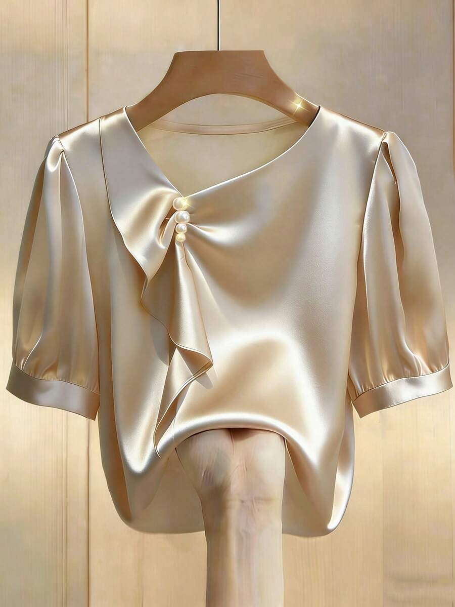 Lyxana Women's Solid Color Faux Pearl Decor Asymmetric Collar Puff Sleeve Elegant Blouse - Apricot - View 1
