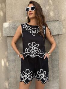 Solivie 女士舒适刺绣套装，优雅适合度假、外出和派对，春夏皆宜 - 黑色 - 查看 3