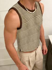 Manfinity Dauomo 男士棕色格紋圓領肌肉背心，夏季 80 年代風休閒百搭短版背心，透視日常穿著男款短版背心 - 芥末黃 - 查看 3
