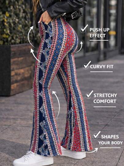 Leggins acampanados dama estampados estilo boho chic tiro alto moldeadores  elegante primavera verano outfit urbano casual oficina fiesta uso diario ajuste cómodo silueta estilizada pierna larga leggins flare mujer moderno sofisticado femenino