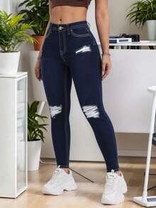 Jeans dama mujer skinny azul oscuro tiro alto estilo desgastado corte ceñido denim juvenil roturas pantalón casual urbano versátil cómodo ideal looks modernos - Azul lavado oscuro - Ver 3