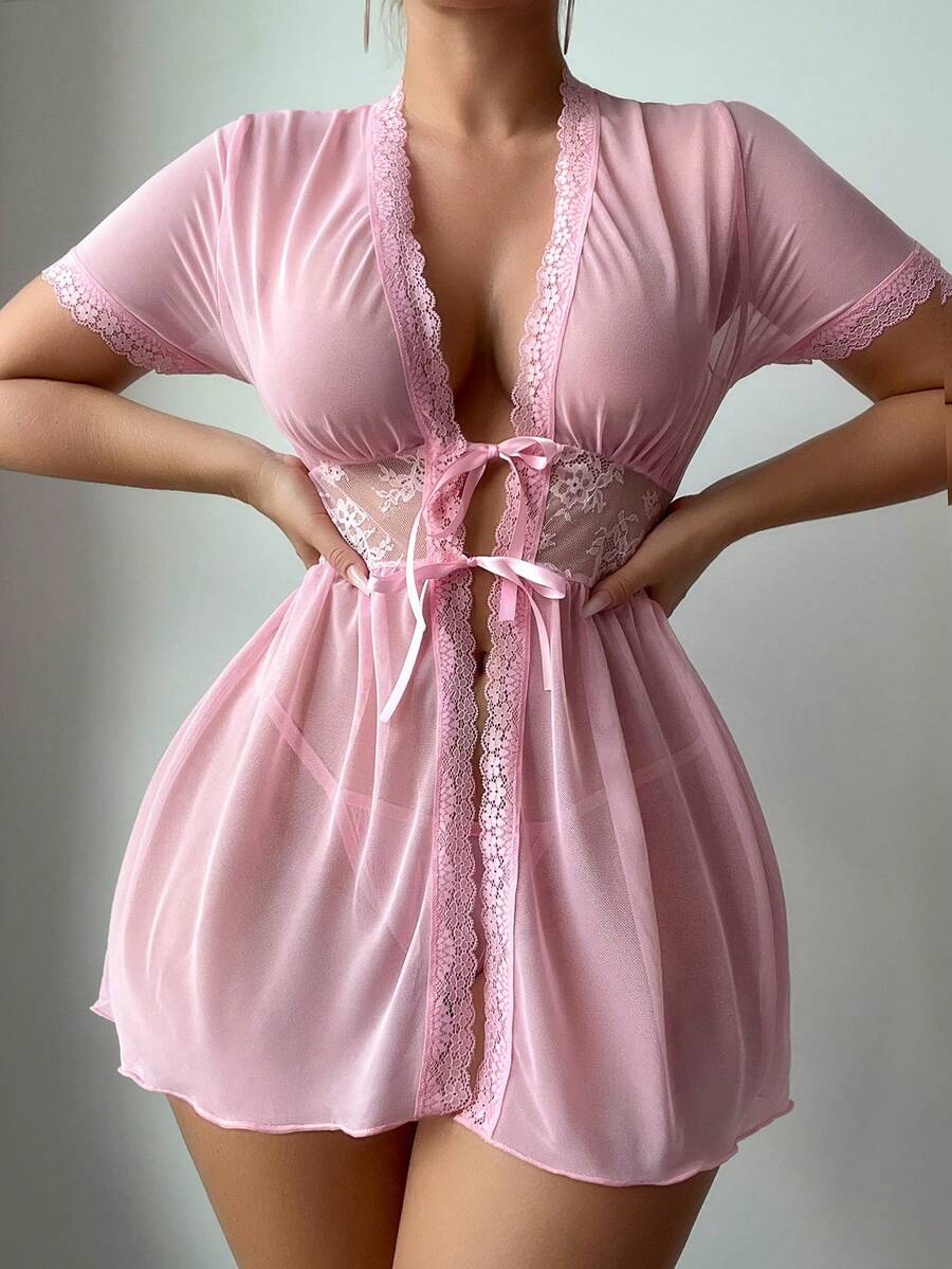 SHEIN 2pcs Set Romantic Mesh Lace Splice Tie-Up Ruched Nightgown For Going Out - Pink - View 1