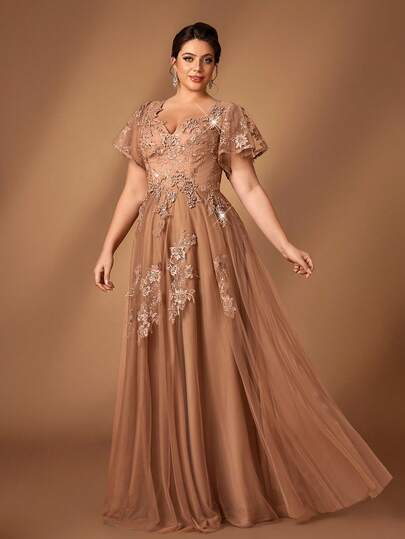 Serin Plus Size Elegant Luxurious Gray Beaded Embroidered Mandarin Collar Ruffle Sleeve Applique Design Extra-Wide Hem Dress, Suitable For Evening Party, Date, Ball, Vacation, Wedding, Bridal Mother Gown