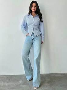 Firerie 女士100%纯棉蓝白条纹长袖系带衬衫 - 休闲通勤度假上衣，收腰优雅波西米亚风上衣，适合春、夏、秋、冬四季穿着，亦可作为工作服。 - 彩色 - 查看 8