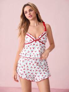 Bonmuse Cherry Printed Frilled Trim Decor Women Pajama Set Holiday Seasonfor Summer - Multicolor - View 4