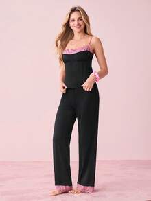 女士蕾丝拼布吊带上衣和长裤睡衣套装 - 黑色 - 查看 4