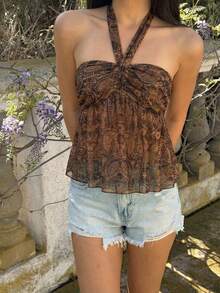 KARISMINA 女士优雅浪漫休闲度假海滩约会露背褶皱衬衫，黄色褶皱上衣波西米亚风上衣大地色系上衣棕色露背上衣佩斯利花纹上衣无袖上衣女士棕色上衣女士上衣 - 彩色 - 查看 7