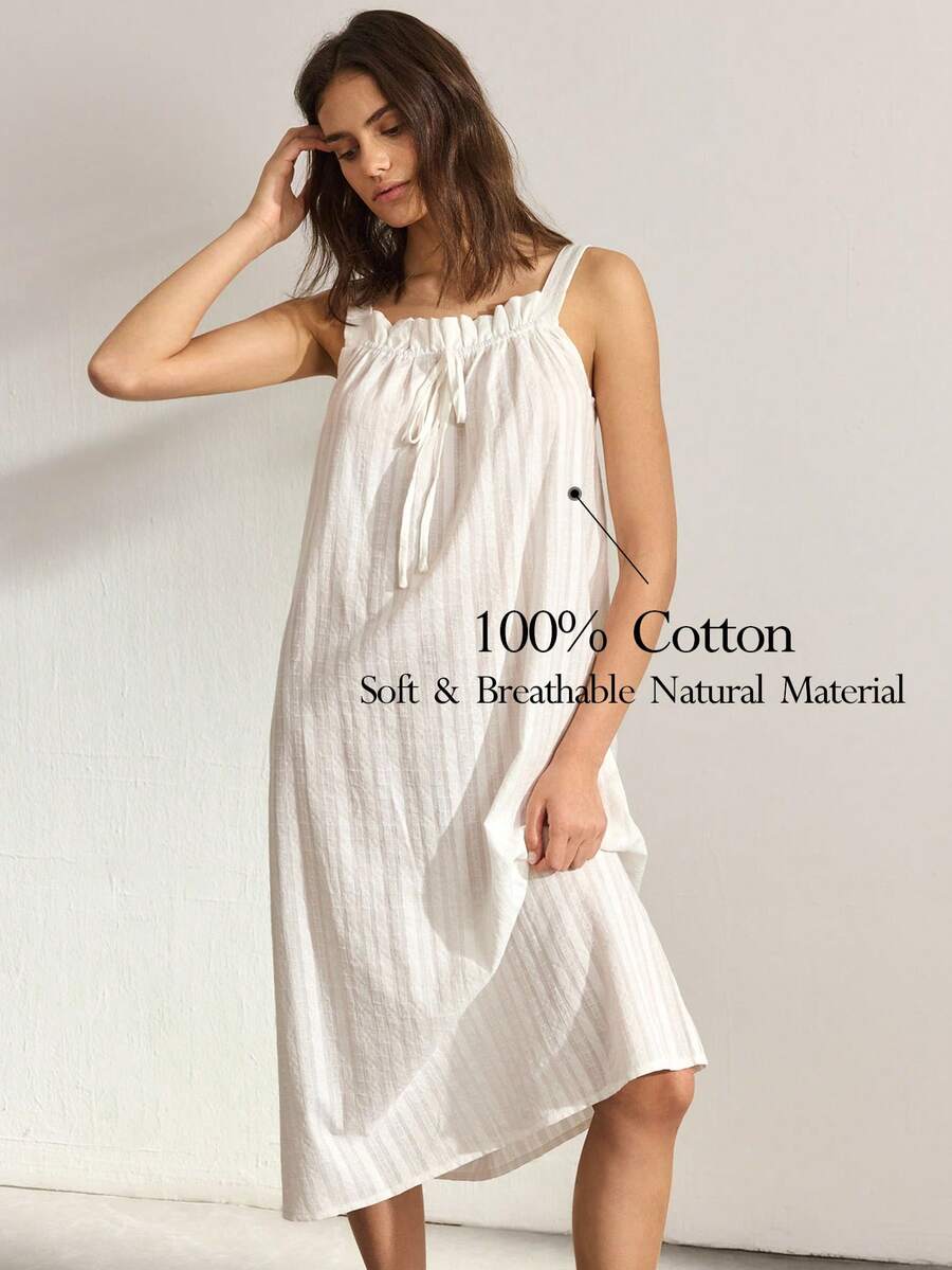 Ocili Đầm nữ kẻ sọc trang trí nơ, kiểu dáng thường ngày, thích hợp mặc ở nhà. - trắng - Xem 1