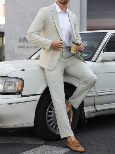 Manfinity Mode Men's Casual Lapel NeckSuit Jacket And Pants Business Outfit Series, Made Of Striped Fabric, Suitable For Daily Commute Wear, Also An Ideal Gift For Boyfriend Or Husband