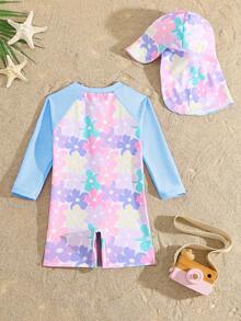 Young Girl Colorful Floral Print Long Sleeve Rash Guard One-Piece Swimsuit With Hood,Cute 2-Piece Set For Summer,Beach,Family Vacation,Holiday - Baby Blue - View 2