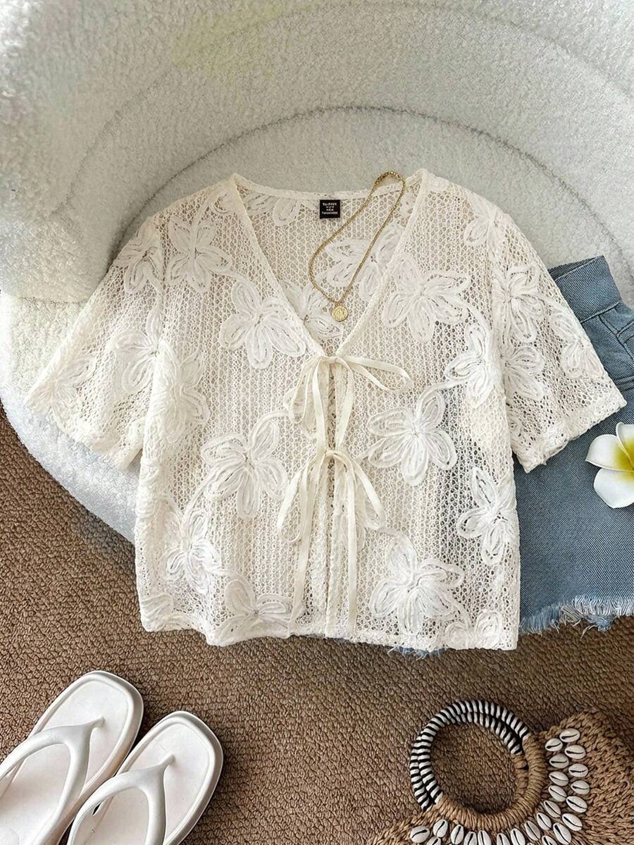 SHEIN LUNE 大码女式花卉纹理短袖前系带时尚衬衫音乐节上衣蕾丝和服蕾丝衬衫蕾丝上衣系带上衣蕾丝上衣3D花朵上衣夏季衬衫蕾丝钩针上衣女士蕾丝衬衫女士蕾丝衬衫法式衬衫新款女式上衣女士上衣女士上衣和衬衫女士夏季衬衫刺绣蕾丝衬衫