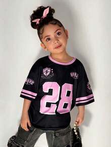 SHEIN Young Girl Casual Daily Fashion Street Chic Round Neck Numeric Print Black & Pink T-Shirt - Pink - View 2