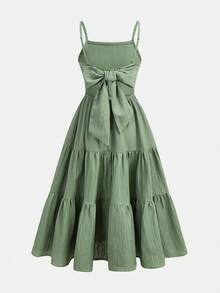 Emery Rose Kids Emery Rose Kids 少女度假休闲春夏纯色荷叶边蝴蝶结连衣裙，绿色，波西米亚风，适合海滩、海滨度假、母女装 - 綠色 - 查看 6