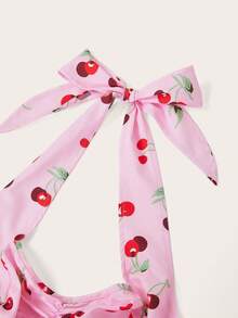 Sweetra Vestido de línea A con estampado de cerezas y cuello halter para tallas grandes - Rosa Pálido - Ver 3