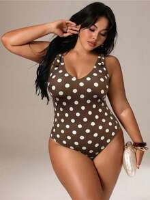 Auralis 大码女士波点连体泳衣，适合海滩度假、泳池派对、沙滩派对 - 棕色 - 查看 5