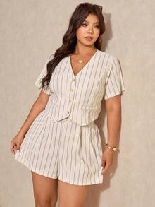 Elaquor 大码夏季休闲条纹衬衫短裤套装 - 杏色 - 查看 6