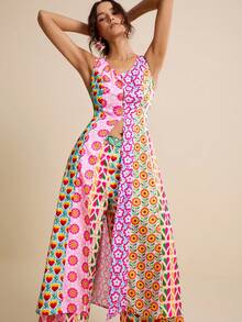 LOTSLUV Bộ đồ nữ mùa xuân/hè gồm áo maxi dài không tay xẻ tà cổ tròn in họa tiết màu pastel và quần dài in họa tiết (2 món). - Nhiều màu - Xem 7