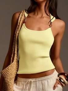Athîral Women's Casual Off-Shoulder Fitted Light Green Knit Top, Spring/Summer - Light Yellow - View 1