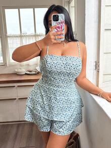 Easura Plus Size Women's Light Blue Spaghetti Strap Ruched Bustier Jumpsuit, Ditsy Floral Bow Tie Back, Elegant Summer Boho Picnic Outfit Vacation Gym - Blue - View 6