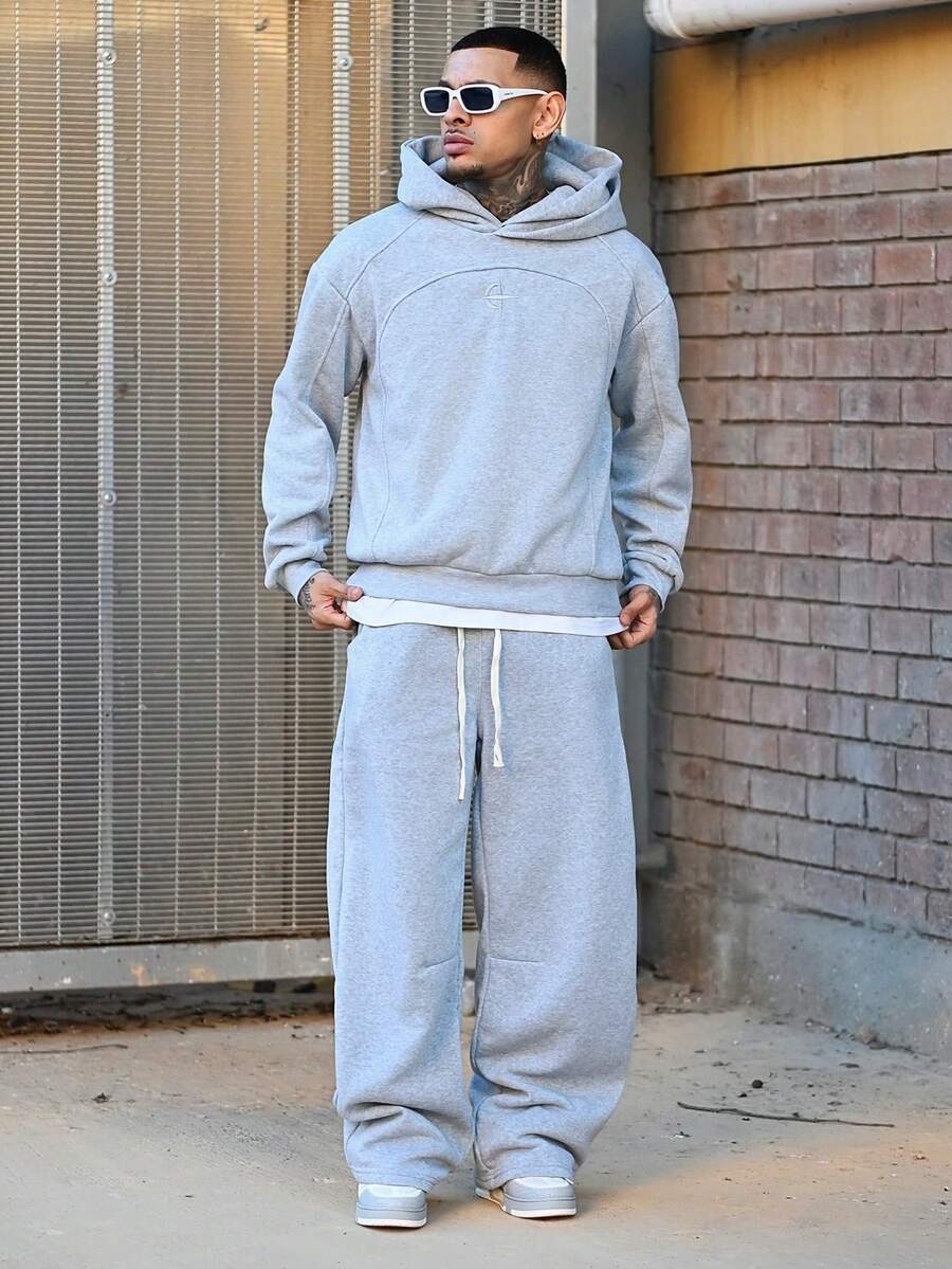 Devon Thys 男士休闲双层连帽拼接连帽衫 - 淺灰色 - 查看 1