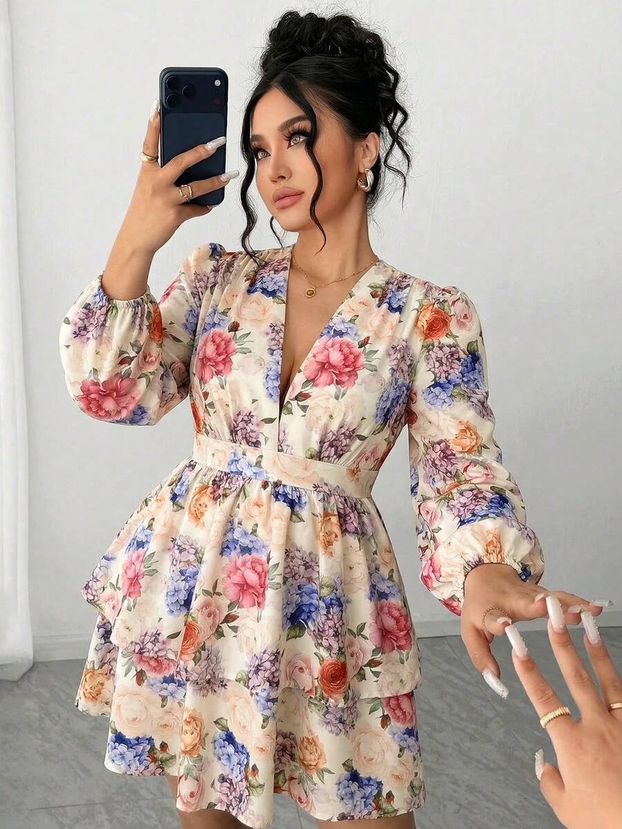 Elenzga 大码度假风印花泡泡袖交叉腰身显瘦春季连衣裙，派对连衣裙 - 彩色 - 查看 1