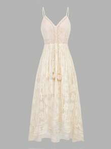 GlowEve Women's Elegant Contrast Lace Pompom Design Maxi Slip Dress - Apricot - View 4