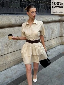 Siren Gaze Women's Daily Wear Double Ruffle Hem Shirt Dress, Women's Summer Casual Dress, 100% Cotton, Cream Yellow, Vacation Outfit, Graduation Dress, Cotton Linen Summer Casual Wear, Tiered Dress, Beige Dress For Women, Drop Waist Dress,Linen Dress, Cotton Dress, Birthday Dress - Apricot - View 3