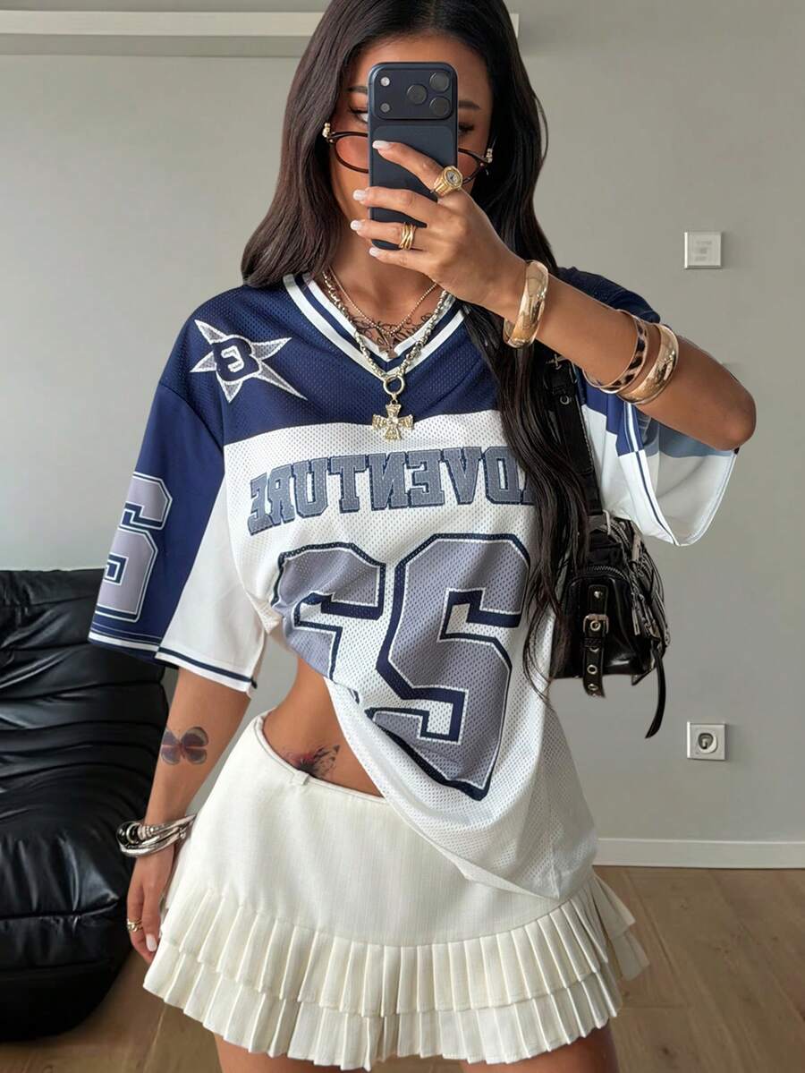 Coolane Women's Summer Streetwear Going Out Athleisure Casual Football Graphics Number Pattern Breathable Mesh V-Neck Short Sleeve Loose Jersey T-Shirt - Multicolor - View 1