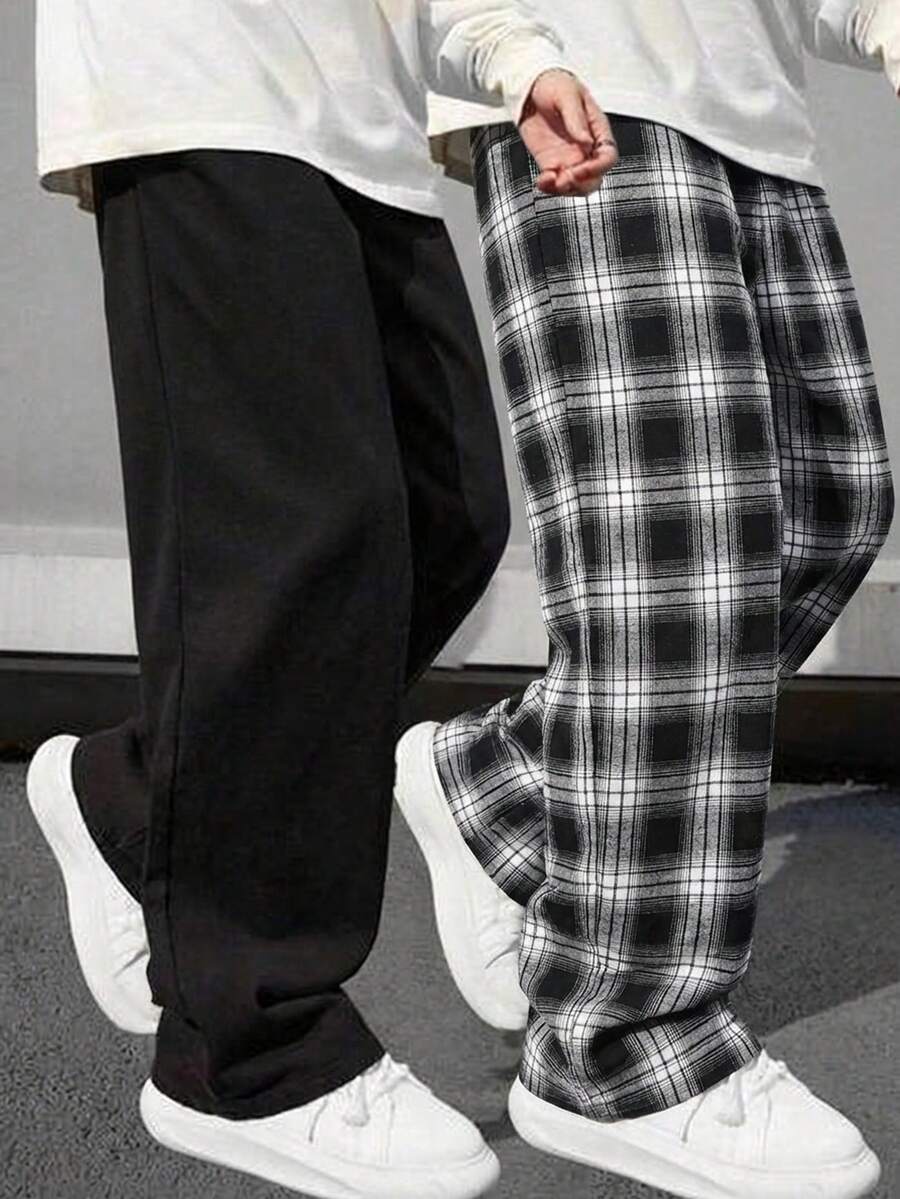 SHEIN 2pcs/Set Teen Boys' Casual Comfortable Versatile Plaid & Solid Black Straight Leg Pants, Multi-Pack - Multicolor - View 1