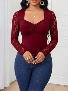 SHEIN Lady Women's Lace Patchwork Ruffle Fitted Casual Long Sleeve T-Shirt - Burgundy - View 4