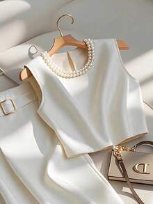 GlowEve Conjunto de 2 piezas de blusa sin mangas de cuello redondo blanca con perlas falsas y falda evasé con cinturón ajustable, adecuado para salidas diarias de verano, vacaciones, playa, carnaval 2026, atuendo minimalista para oficina y transporte - Blanco - Ver 3