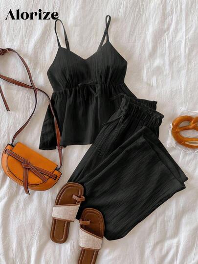 Tween Girls Casual Basic Vacation T-Shirt Set, White Spaghetti Strap Loose Lace Trim Top And White Wide Leg Pants White Outfit